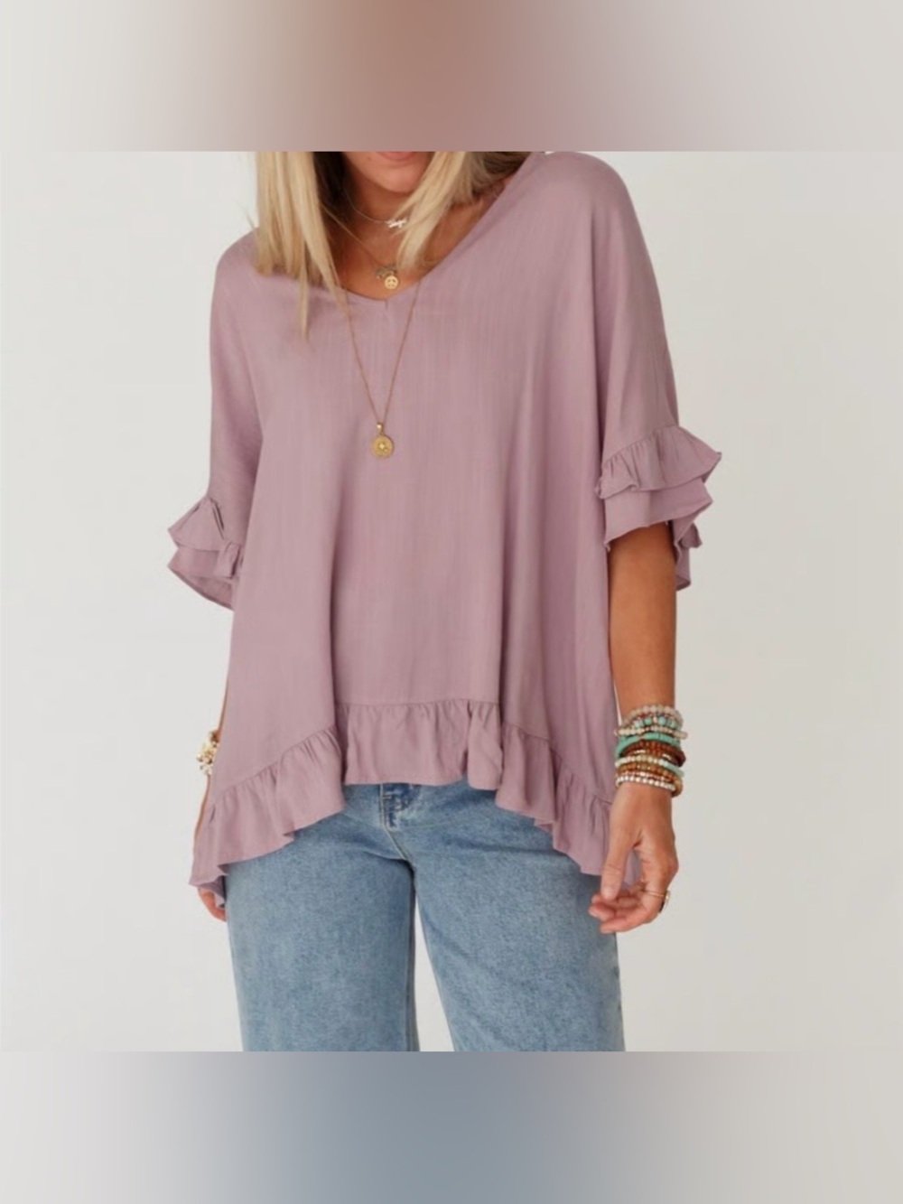 The Nest Let Me Be Deep V-Neck Layered Ruffle Oversized Pale Plum Tunic Top XL
